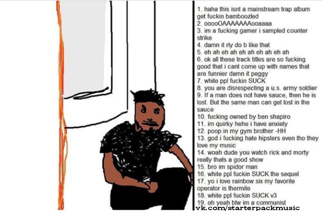 1. haha this isnt a mainstream trap album get fuckin bamboozled 2. 3. а fucking gamer 1 sampled counter strike 4. damn it rly like that 5. 6. all these track titles are so fucking good that i cant com