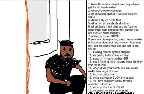 1. haha this isnt a mainstream trap album get fuckin bamboozled 2. 3. а fucking gamer 1 sampled counter strike 4. damn it rly like that 5. 6. all these track titles are so fucking good that i cant com