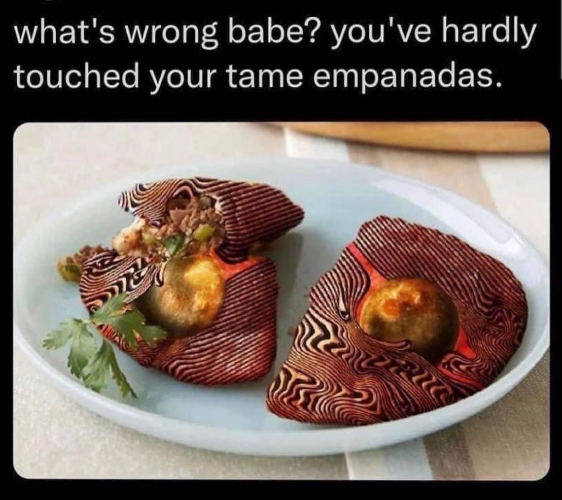 what's wrong babe? you've hardly touched your tame empanadas. a