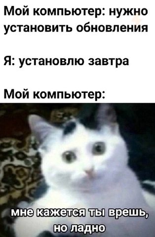 Мой компьютер: нужно установить обновления Я: установлю завтра Мой компьютер: