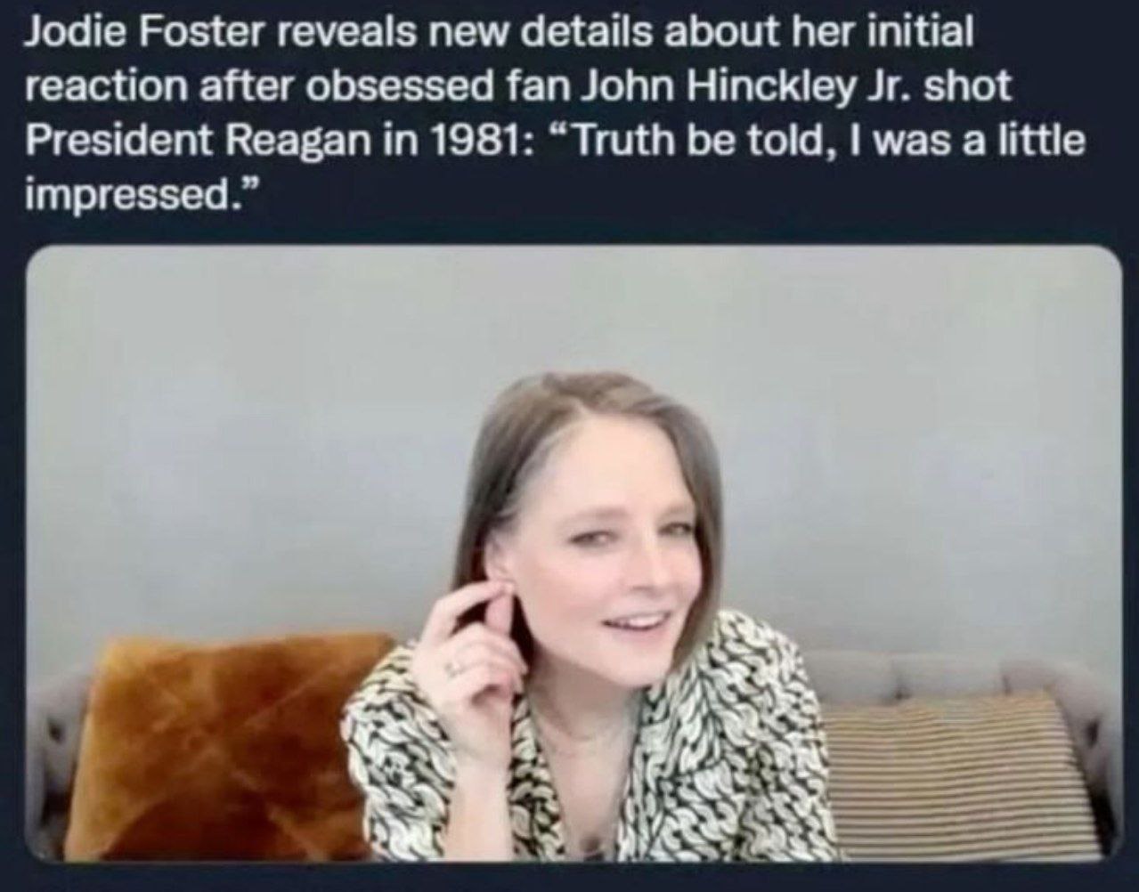 fun fact: the guy who tried to shoot ronald reagan in 1981 to impress jodie foster is currently free and you can subscribe to him on youtube
https://www.youtube.com/@johnhinckley6860