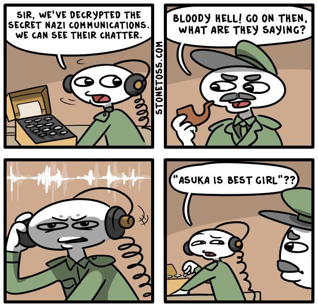 SECRET NAZI COMMUNICATIONS. SIR, WE'VE DECRYPTED THE HELL! ON THEN WE CAN SEE THEIR CHATTER. WHAT ARE THEY SAYING? COG “ASUKA IS BEST GIRL"?? 1 а