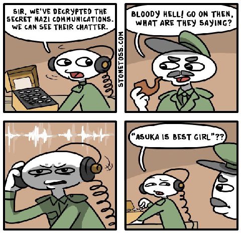 SECRET NAZI COMMUNICATIONS. SIR, WE'VE DECRYPTED THE HELL! ON THEN WE CAN SEE THEIR CHATTER. WHAT ARE THEY SAYING? COG “ASUKA IS BEST GIRL"?? 1 а