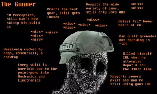 The Gunner Despite the wide Crafts the best variety of guns, still only uses ARs 19 Perception, gear, still gets у still can't how shitty his build Melee? Psi? Never is «miss« heard of Can craft grena