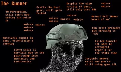 The Gunner Despite the wide Crafts the best variety of guns, still only uses ARs 19 Perception, gear, still gets у still can't how shitty his build Melee? Psi? Never is «miss« heard of Can craft grena