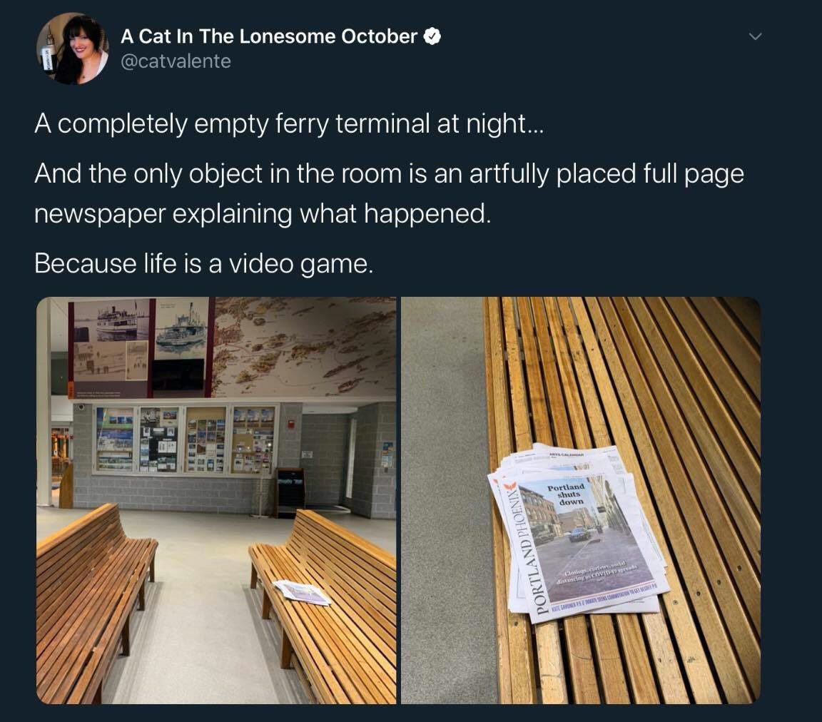 А In The Lonesome October @catvalente Acompletely empty ferry terminal at night... And the only object in the room is an artfully placed full page newspaper explaining what happened. Because life is a