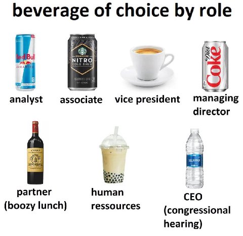 beverage of choice role analyst associate vice president managing director partner human CEO (boozy lunch) ressources (congressional hearing)