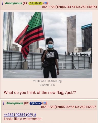 Anonymous 06/11/20(Thu)07:44:54 No.262140854 с 20200610_1 332 JPG What you think of the new flag, /pol/? Anonymous (10: 06/11/20(Thu)07:52:56 No.262142297 >>262140854 Looks like a watermelon
