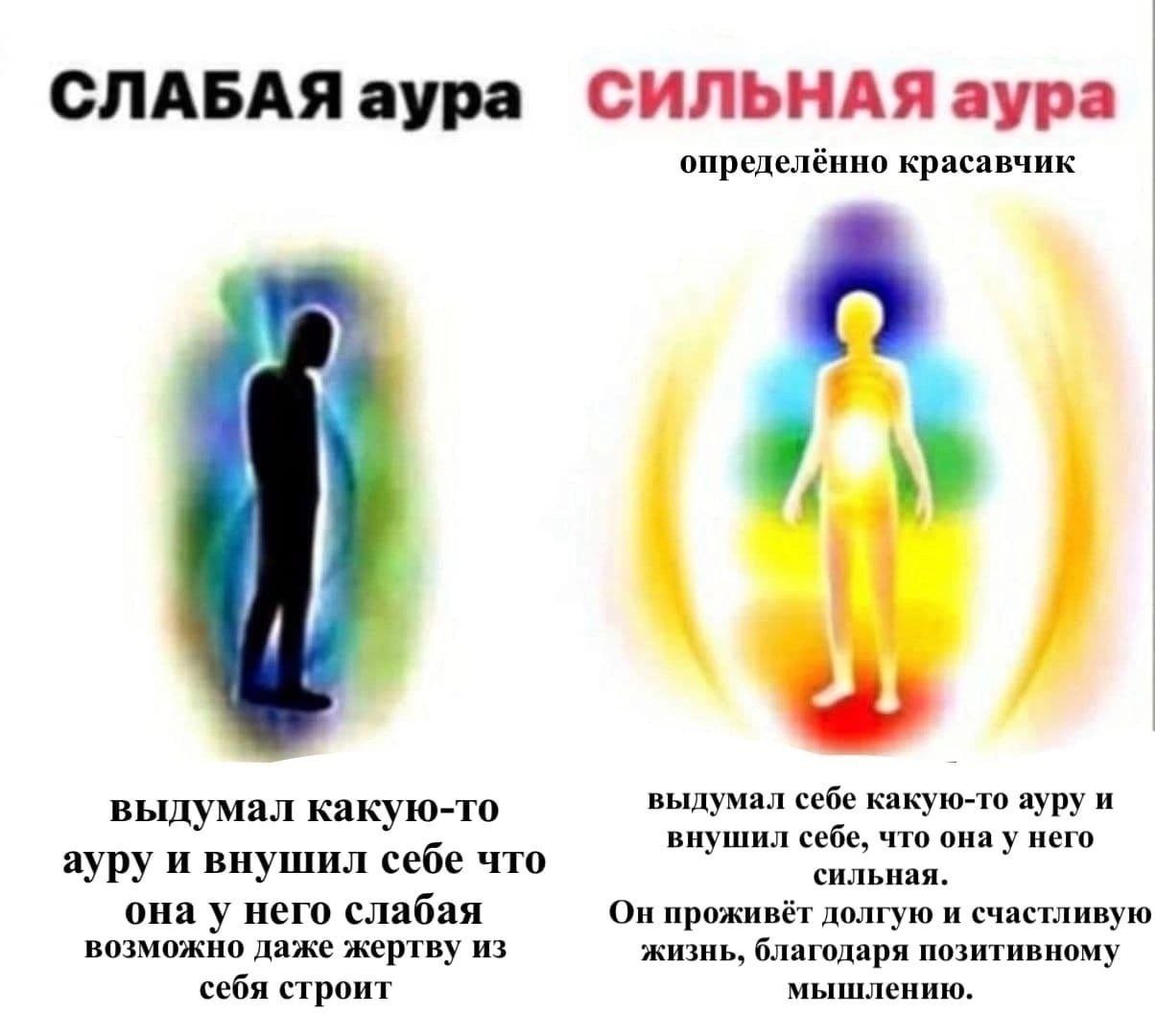 СЛАБАЯ аура СИЛЬНАЯ аура определённо красавчик выдумал какую-то выдумал себе какую-то ауру и внушил себе, что онау него ауру и внушил себе что сильная. она у него слабая Он проживёт долгую и счастливу