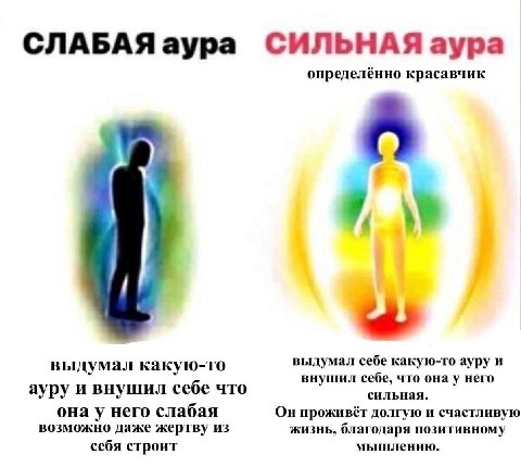 СЛАБАЯ аура СИЛЬНАЯ аура определённо красавчик выдумал какую-то выдумал себе какую-то ауру и внушил себе, что онау него ауру и внушил себе что сильная. она у него слабая Он проживёт долгую и счастливу