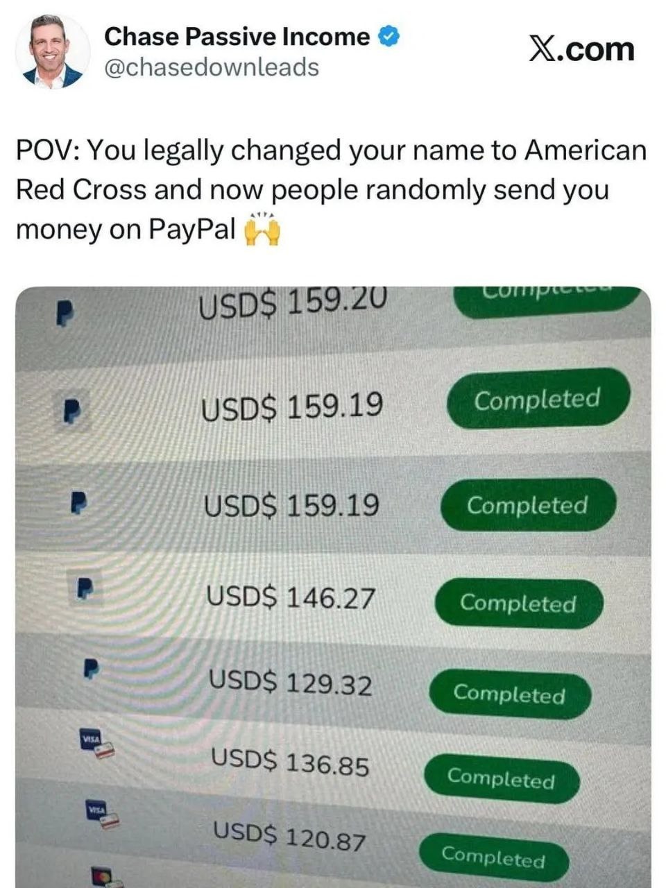 Chase Passive Income X.com @chasedownleads POV: You legally changed your name to American Red Cross and now people randomly send you money on PayPal 1 15919 fit 159.19 Complet в USDS 146.27 Completed 