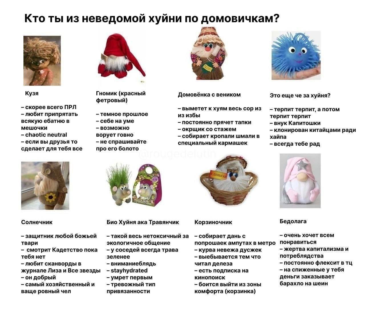 Кто ты из неведомой хуйни по домовичкам? Кузя Гномик (красный Домовёнка с веником Это еще че за хуйня? скорее всего ПРЛ выметет к хуям весь сор из терпит терпит, а потом любит припрятать темное прошло