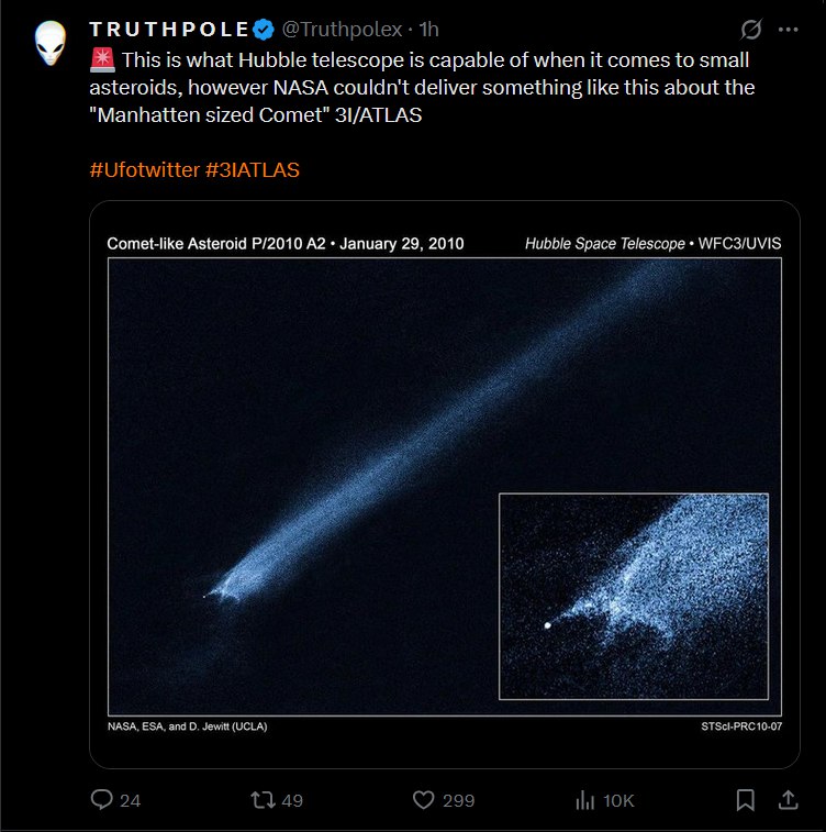TRUTHPOLE This is what Hubble telescope is capable of when it comes to small asteroids, however NASA couldn't deliver something like this about the “Manhatten sized Comet" ЗУАТЕА$ Comet-like Asteroid 