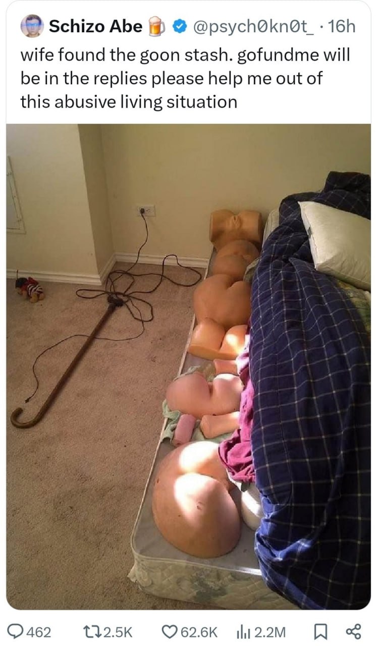 Schizo Abe @psych@knOt_- wife found the goon stash. gofundme will be in the replies please help me out of this abusive living situation 7, 1325к И