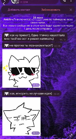 Добавить контакт Заблокировать 28 июня включил(а) по таймеру во всех своих чатах. Все новые сообщения в этом чате будут удаляться через 1 день после отправки. ну привет), Одна птичка нашептала мне тво