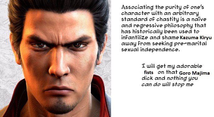 Associating the purity of one’s character with an arbitrary standard of chastity is а naive and regressive philosophy that 4 has historically been used to inFantilize and shame Kazuma Kiryu 4 away Fro