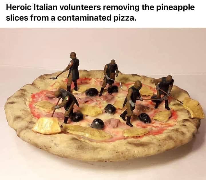 Heroic Italian volunteers removing the pineapple slices from a contaminated pizza.