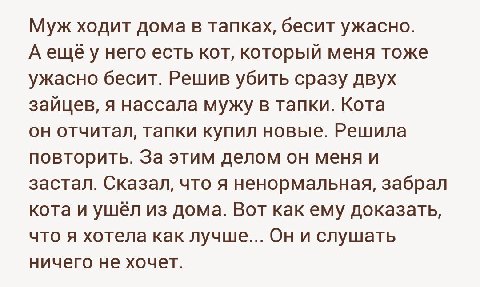 Муж ходит дома в тапках, бесит ужасно. A ещёу него есть кот, который меня тоже ужасно бесит. Решив убить сразу двух зайцев, я нассала мужу в тапки. Кота он отчитал, тапки купил новые. Решила повторить