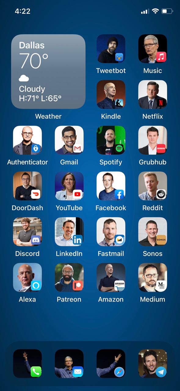 4:22 Dallas Tweetbot Music Cloudy Weather Kindle Netflix Authenticator Gmail Grubhub Spotify ЖЕ DoorDash YouTube Facebook Reddit In Discord Linkedin Fastmail Sonos 4} и Alexa Patreon Amazon Medium