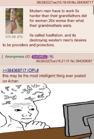 06/28/22(Тие)16:18:40 №.384368717 Modern men have to work harder than their grandfathers did for women worse than what у their grandmothers were. Its called hoeflation. and its destroying western men'