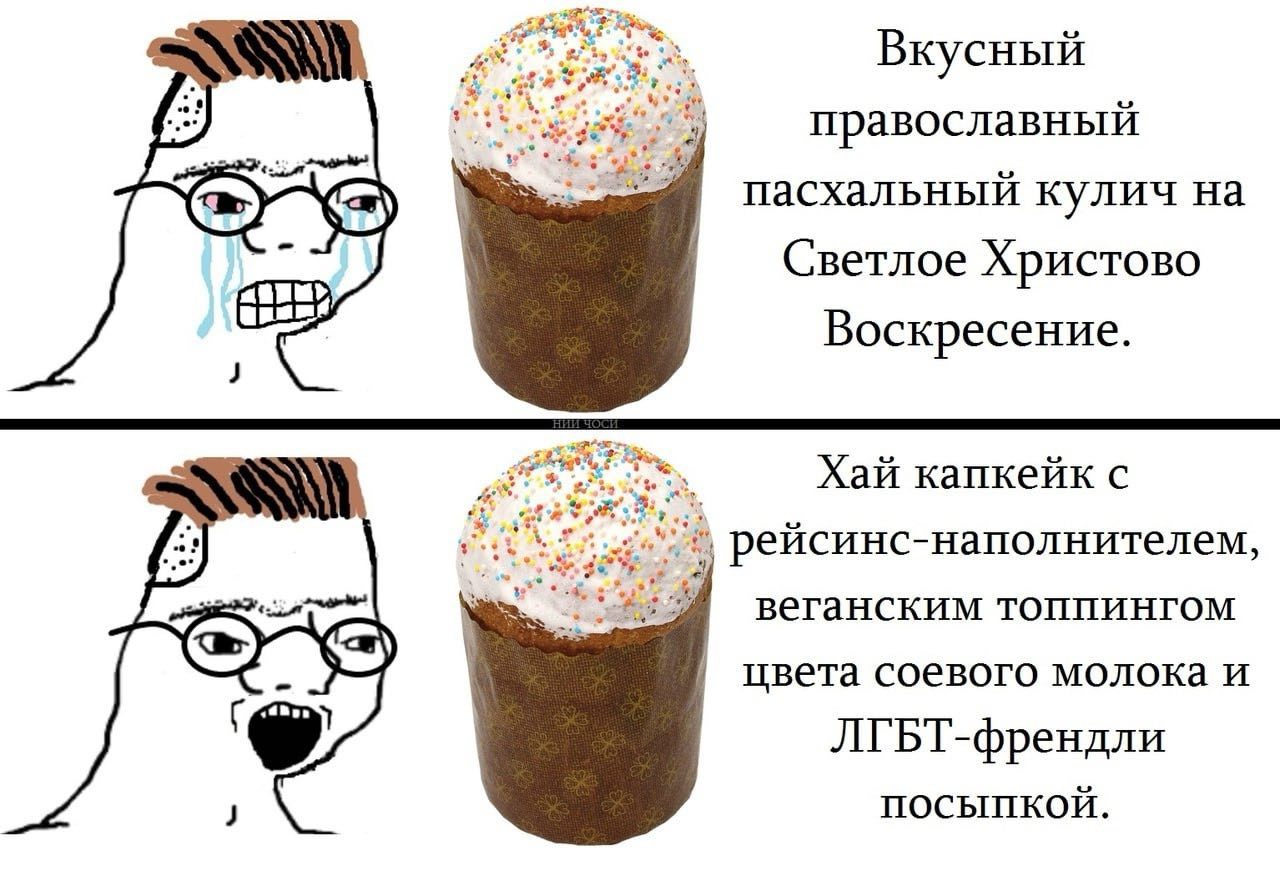 Вкусный православный пасхальный кулич Светлое Христово Воскресение. Хай капкейк с рейсинс-наполнителем, веганским топпингом цвета соевого молока и ЛГБТ-френдли посыпкой.