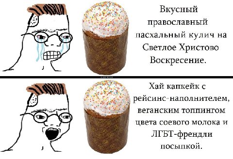 Вкусный православный пасхальный кулич Светлое Христово Воскресение. Хай капкейк с рейсинс-наполнителем, веганским топпингом цвета соевого молока и ЛГБТ-френдли посыпкой.