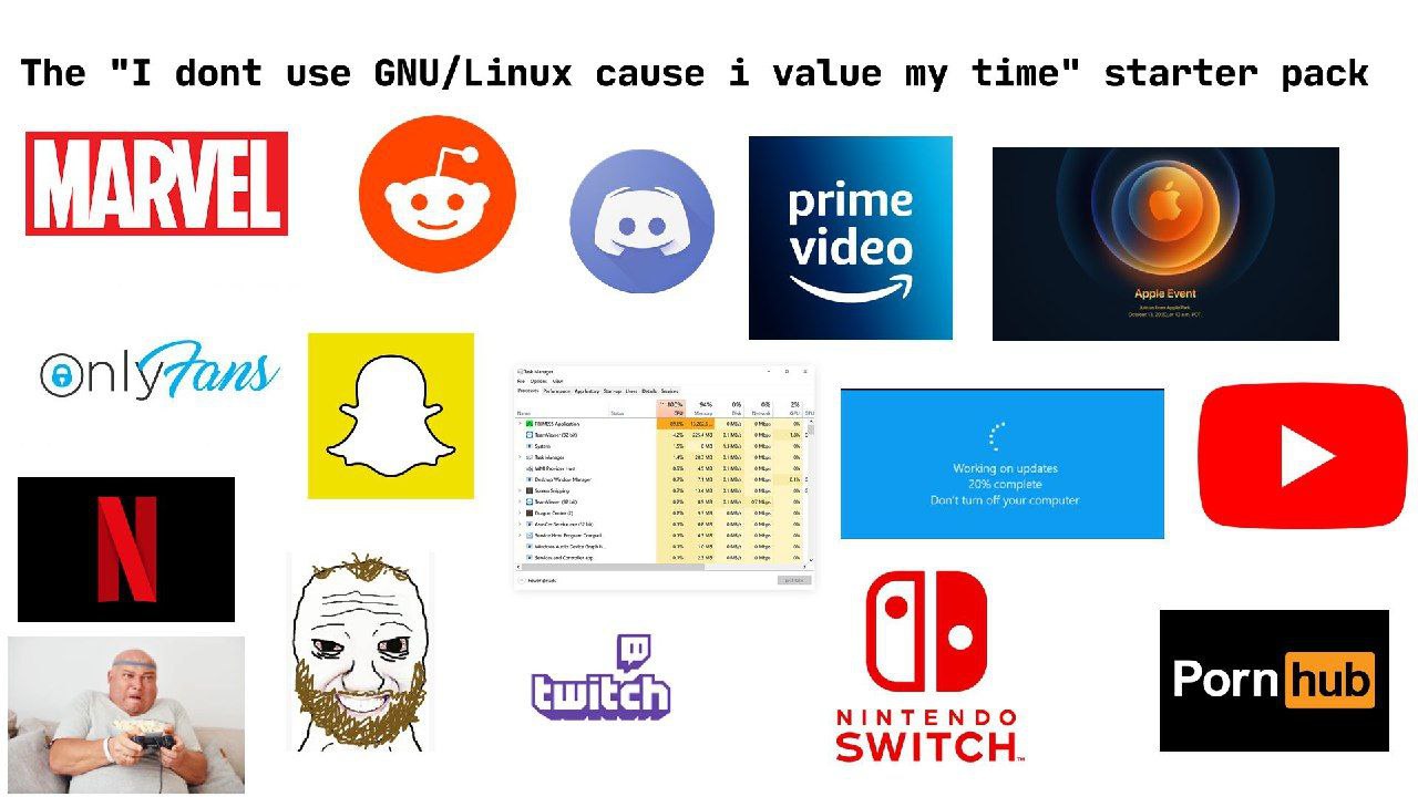 The "I dont use GNU/Linux cause i value my time" starter pack MARVEL video Apple Event (В twitch NINTENDO SWITCH.