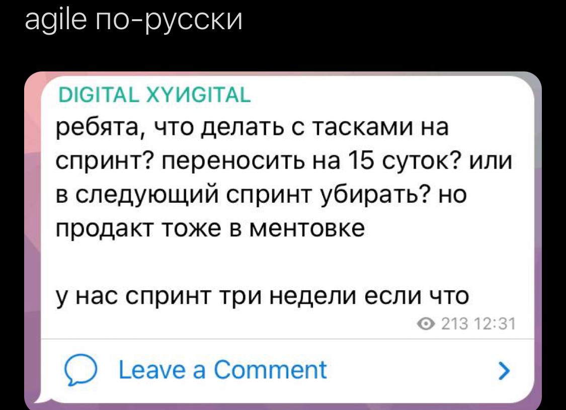 agile по-русски IIGITAL XYUGITAL ребята, что делать с тасками на спринт? переносить на 15 суток? или в следующий спринт убирать? но продакт тоже в ментовке у нас спринт три недели если что у Leave а C