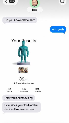 Dad you know clavicular? Your sults 89 Overall attractiveness 12% High High Body fat Muscle mass Symmetry started looksmaxxing Ever since your foid mother decided to divorcemaxx