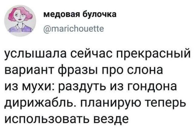 медовая булочка @marichouette услышала сейчас прекрасный вариант фразы про слона из мухи: раздуть из гондона дирижабль. планирую теперь использовать везде