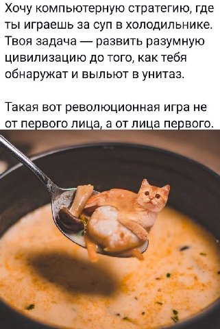 Хочу компьютерную стратегию, где ты играешь за суп в холодильнике. Твоя задача развить разумную цивилизацию до того, как тебя обнаружат и выльют в унитаз. Такая вот революционная игра не от первого ли