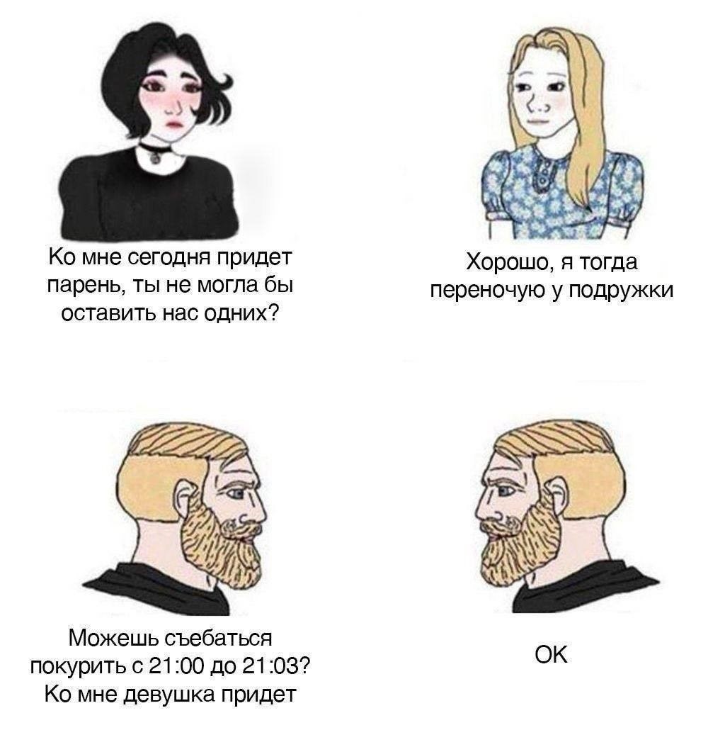 а мне сегодня придет Хорошо, я тогда парень, ты не могла бы переночую у подружки оставить нас одних? Можешь съебаться покурить с 21:00 до 21:03? мне девушка придет