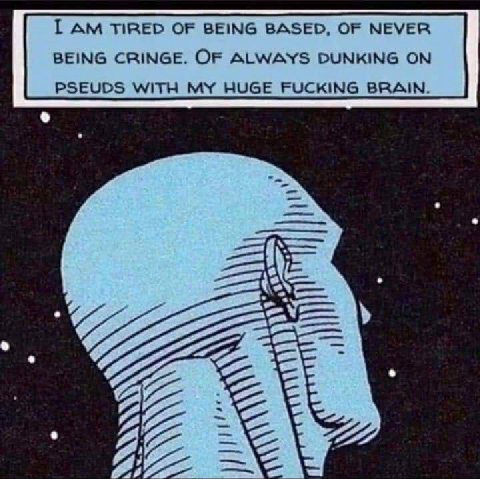 TIRED OF BEING BASED, OF NEVER BEING CRINGE. OF ALWAYS DUNKING ON PSEUDS WITH MY HUGE FUCKING BRAIN. в
