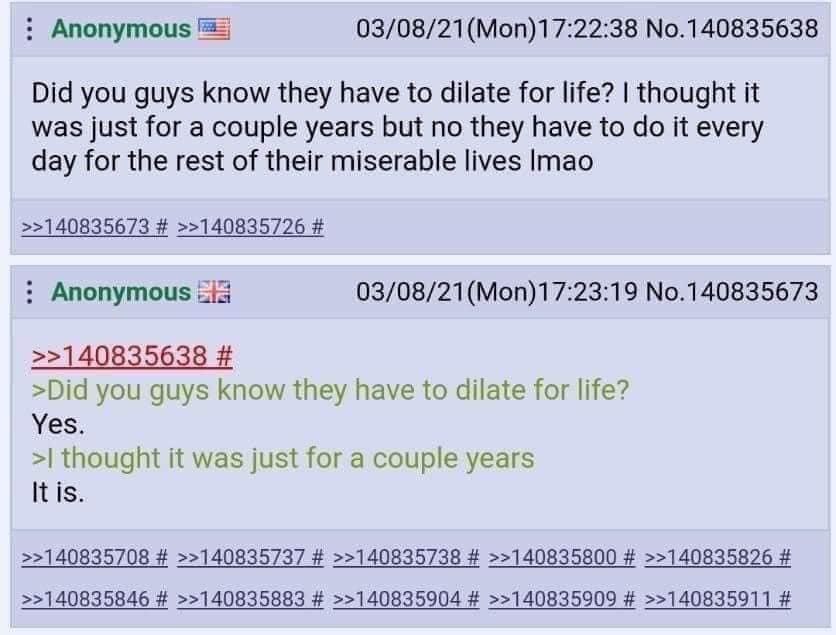 Anonymous 03/08/21(Моп)17:22:38 №.140835638 Did you guys know they have to dilate for life? thought it was just for a couple years but no they have to it every day for the rest of their miserable live