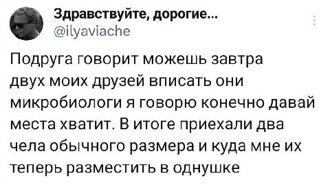 Здравствуйте, дорогие... @ilyaviache Подруга говорит можешь завтра двух моих друзей вписать они микробиологи я говорю конечно давай места хватит. В итоге приехали два чела обычного размера и куда мне 