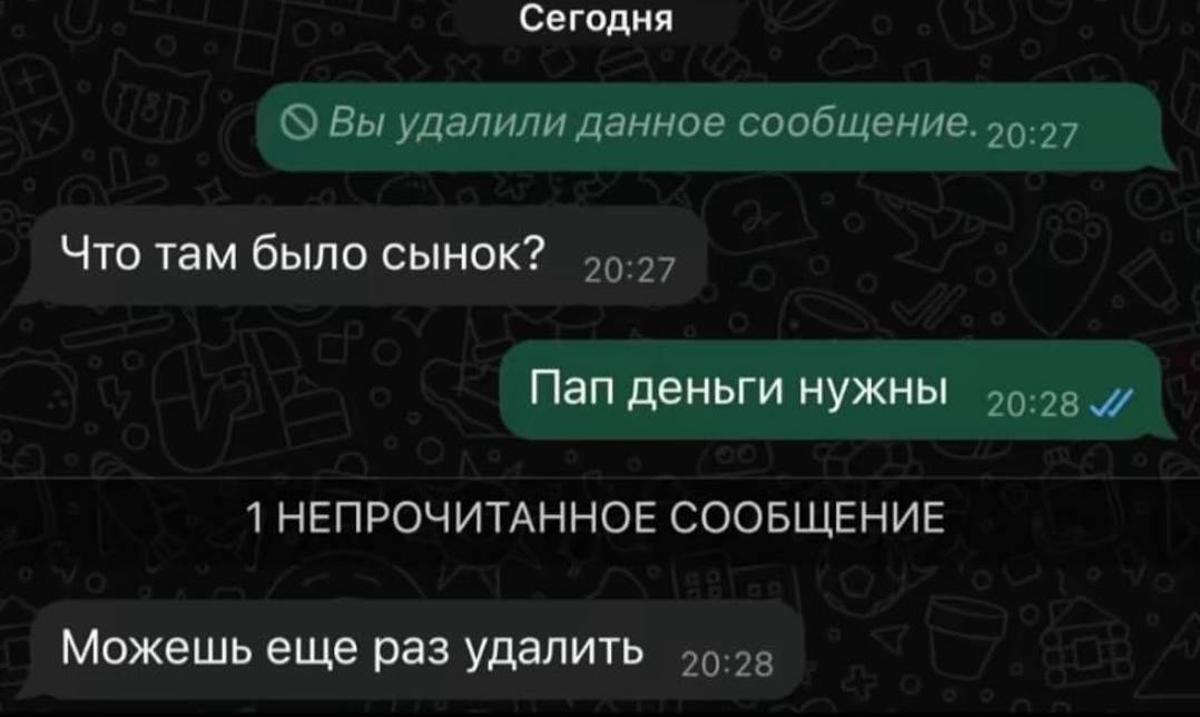 Сегодня Вы удалили данное сообщение. 99:97 Что там было сынок? 20:27 Пап деньги нужны 1 НЕПРОЧИТАННОЕ СООБЩЕНИЕ Можешь еще раз удалить 20:28