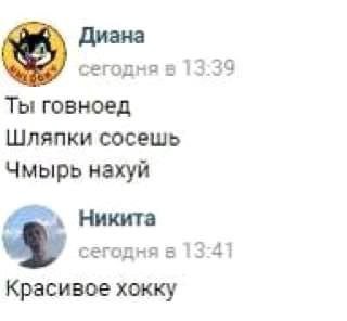 Диана с 13:39 13:53 Ты говноед Шляпки сосешь Чмырь нахуй Никита сегодня 8 13:41 Красивое хокку