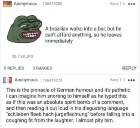 Anonymous 106419206 Hace eee A brazilian walks into a bar, but he can't afford anything, so he leaves immediately 38.7 JPG SREPLIES З1МАСЕ$ REPLY В Anonymous 106419273 Насе1 В eee This is the pinnacle