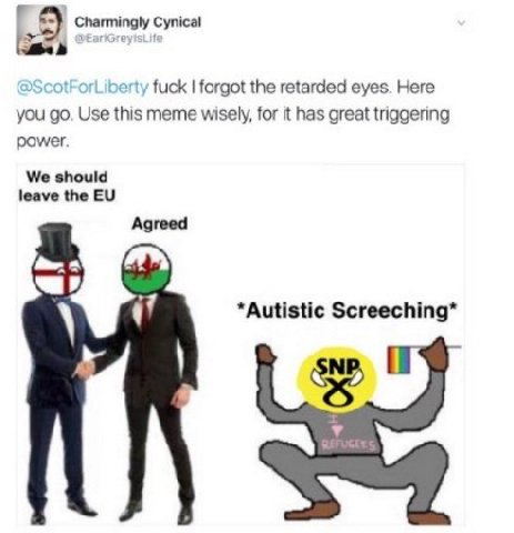 [3 Charmingly Cynical 4 DScotForLiberty fuck forgot the retarded eyes. Here you Use this meme wisely, for it has great triggering power. We should leave the Agreed *Autistic Screeching*