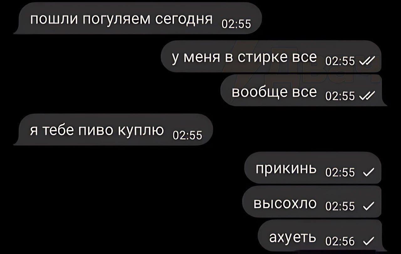 пошли погуляем сегодня у меня в стирке все (2.55 вообще все (2.55 я тебе пиво куплю ПРИКИНЬ 02:55 и ВЫСОХЛО 02:55 ахуеть 02:56