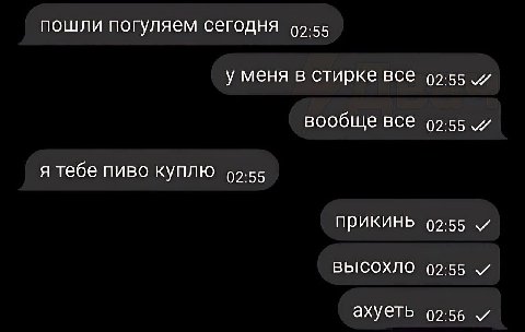 пошли погуляем сегодня у меня в стирке все (2.55 вообще все (2.55 я тебе пиво куплю ПРИКИНЬ 02:55 и ВЫСОХЛО 02:55 ахуеть 02:56