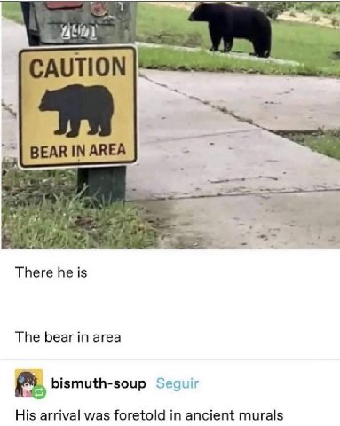 CAUTION BEAR IN AREA There he is The bear in area bismuth-soup Segui; His arrival was foretold in ancient murals