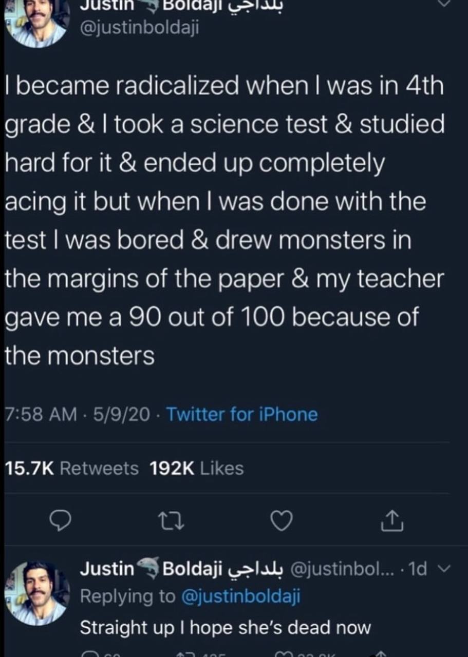 ресате radicalized when was in grade took a science test studied hard for it ended up completely acing it but when was Gone with the test was bored drew monsters in the margins of the paper my teacher