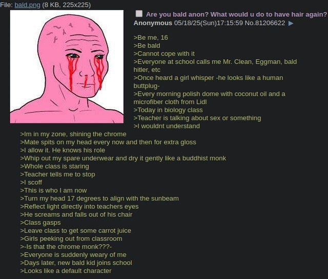 File: bald.png (8 Are you bald anon? What would и to have hair again? Anonymous 05/18/25(Sun)17:15:59 No.81206622 >Be me, 16 >Be bald „а >Cannot cope with it У] >Everyone at school calls me Clean, Egg