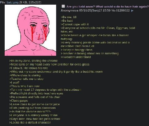 File: bald.png (8 Are you bald anon? What would и to have hair again? Anonymous 05/18/25(Sun)17:15:59 No.81206622 >Be me, 16 >Be bald „а >Cannot cope with it У] >Everyone at school calls me Clean, Egg