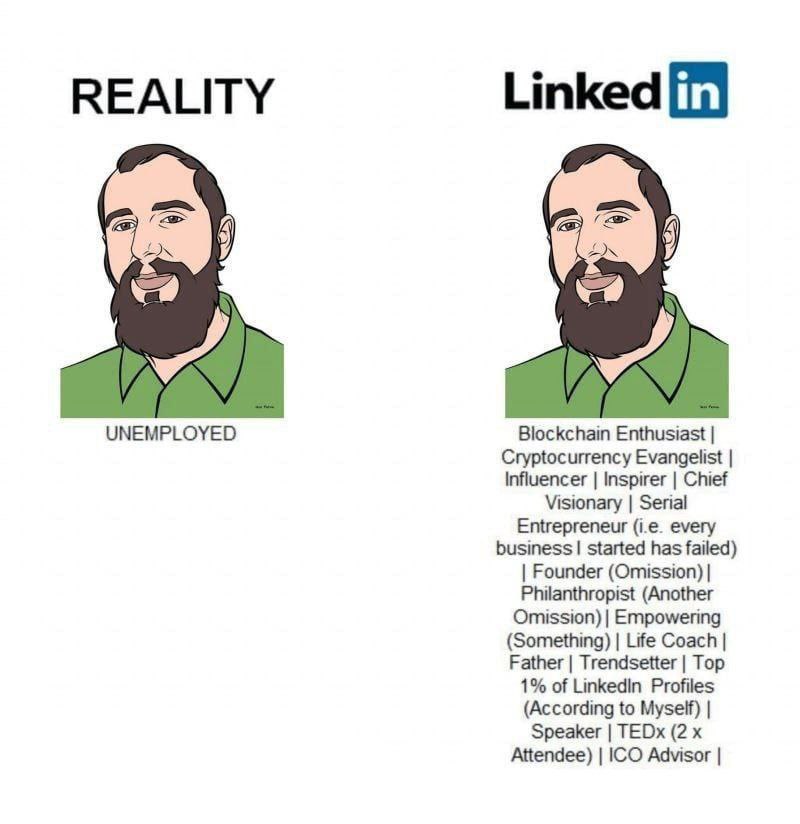 REALITY Linked UNEMPLOYED Blockchain Enthusiast Cryptocurrency Evangelist Influencer Inspirer Chief Visionary Serial Entrepreneur every business started has failed) Founder (Omission) Philanthropist (