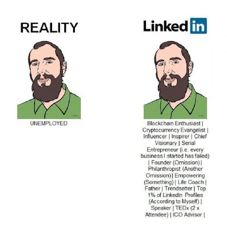REALITY Linked UNEMPLOYED Blockchain Enthusiast Cryptocurrency Evangelist Influencer Inspirer Chief Visionary Serial Entrepreneur every business started has failed) Founder (Omission) Philanthropist (