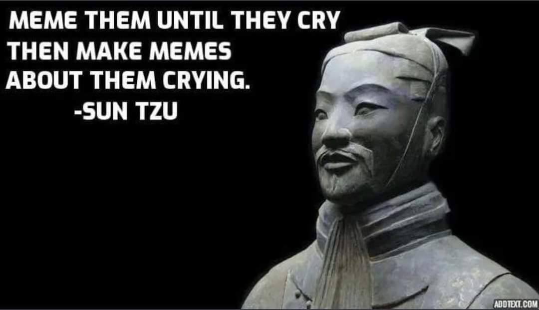 MEME THEM UNTIL ТНЕУ СВУ THEN MAKE MEMES ABOUT THEM CRYING. -SUN TZU COM