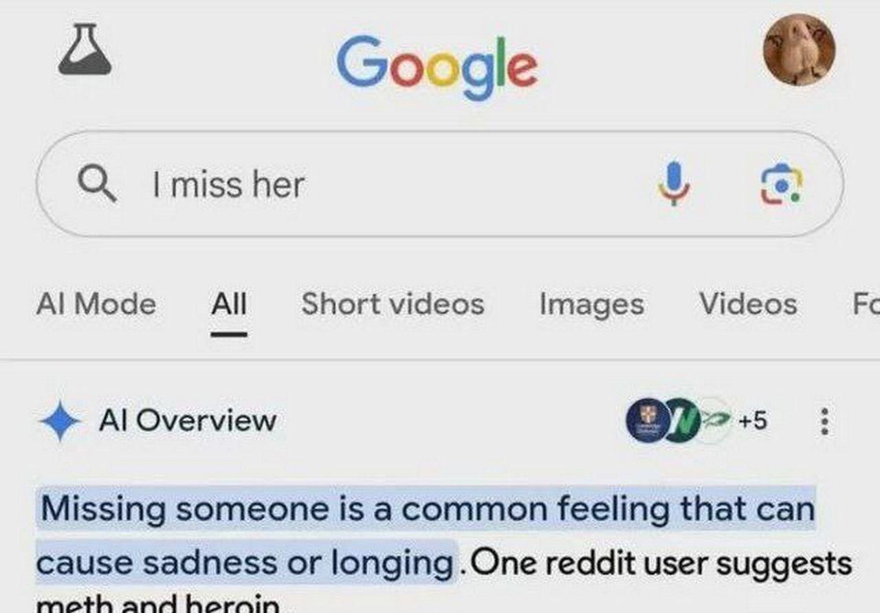 о Google О miss her Mode Short videos Images Videos А Overview +5 Missing someone is а common feeling that can cause sadness or longing .One reddit user suggests moth and hornin