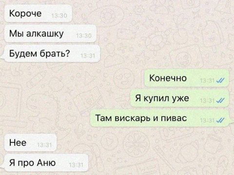 Короче Мы алкашку Будем брать? Конечно Я купил уже Там вискарь и пивас 9 Нее Я про Аню